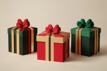 Poster - Three minimalist Christmas gift boxes in geometric shapes showcase vibrant colors and bright ribbons, perfect for holiday gifting. Generative AI