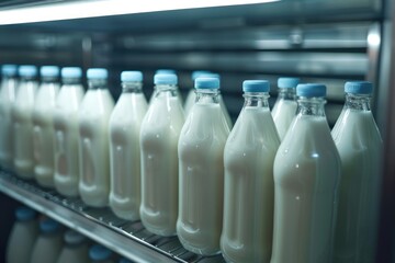 Poster - A close-up view of a shelf with multiple bottles of milk stored in it, ready for use