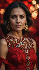 Poster - middleage hispanic red dress bokeh background woman model portrait