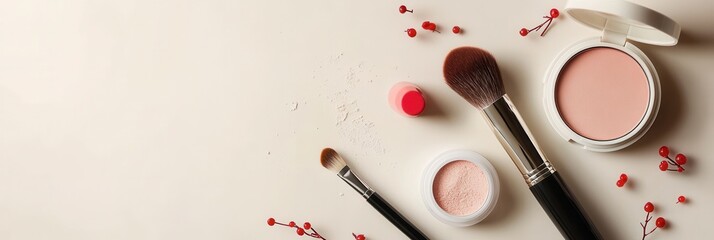 Sticker - An orderly arrangement of key cosmetic items, featuring brushes, powder, and lipstick, set against a soft, light background. Generative AI