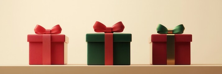 Aufkleber - Three minimalist Christmas gift boxes in vibrant colors feature geometric shapes and bright ribbons, enhancing the holiday spirit on display. Generative AI