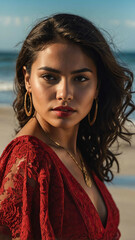 Poster - pretty hispanic red dress beach background woman model portrait