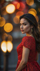 Poster - pretty hispanic red dress bokeh background woman model portrait