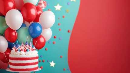 Wall Mural - Red  White   Blue Birthday Cake with Balloons and Stars