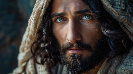 Poster - Portrait of a bearded man from the chest up, with a serious expression
