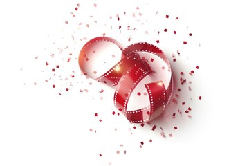 Poster - A simple composition featuring a red ribbon and confetti on a white background, ideal for celebrations or special occasions