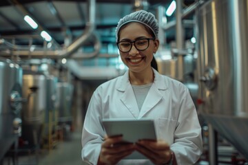 Poster - A woman wearing a lab coat holds a tablet, ready for research or analysis
