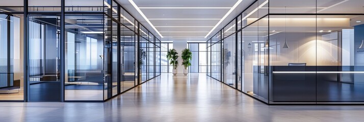 Poster - empty office corridor featuring glass walls and doors with a reception area.