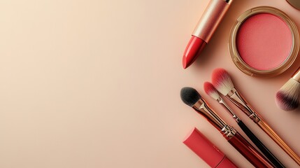 Sticker - A stylish arrangement includes lipstick, makeup brushes, and powder on a soft, light background ideal for beauty and cosmetic lovers. Generative AI