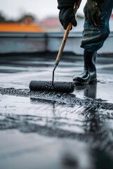 Poster - Man painting a roof with a paint roller, showing the process of exterior home renovation