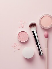 Poster - Cosmetic products including lipstick, makeup brushes, and powder are neatly arranged on a soft, light background for a clean look. Generative AI