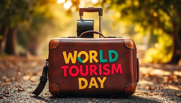 a suitcase with the words World Tourism Day, Travel Concept, Travelling suitcase, photography, Vector illustration, banner, poster, brochure, flyer created with generative ai