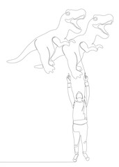 Poster - One continuous line of Man pointing with finger at Dinosaur. Thin Line Illustration vector concept. Contour Drawing Creative ideas.