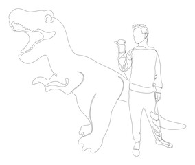 Poster - One continuous line of Man pointing with finger at Dinosaur. Thin Line Illustration vector concept. Contour Drawing Creative ideas.