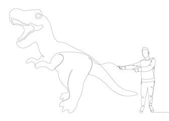 Poster - One continuous line of Man pointing with finger at Dinosaur. Thin Line Illustration vector concept. Contour Drawing Creative ideas.