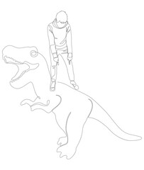 Wall Mural - One continuous line of Man pointing with finger at Dinosaur. Thin Line Illustration vector concept. Contour Drawing Creative ideas.