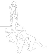 Poster - One continuous line of Man pointing with finger at Dinosaur. Thin Line Illustration vector concept. Contour Drawing Creative ideas.