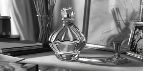 Poster - A perfume bottle sits atop a table with a simple design
