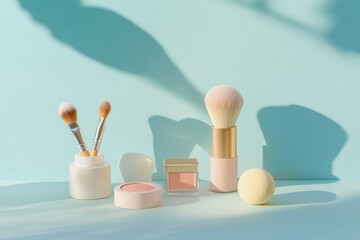 Poster - A stylish arrangement showcases various cosmetic products against a light blue backdrop, emphasizing a clean and polished aesthetic. Generative AI