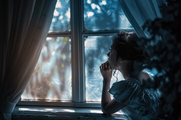 Aufkleber - A woman in a blue dress stands by an open window, lost in thought
