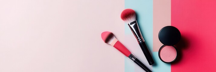 Poster - A stylish arrangement of makeup essentials, including brushes, lipstick, and powder against a soft, light background. Generative AI