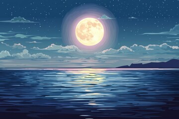 A serene night scene featuring a full moon reflecting on tranquil ocean waters under a starry sky.