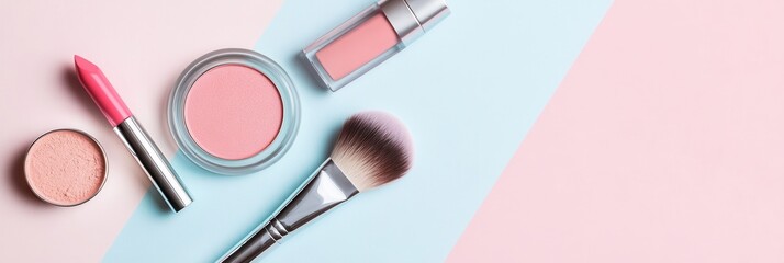 Poster - A carefully arranged selection of cosmetic items including lipstick, makeup brushes, and powder on a light, pastel backdrop. Generative AI