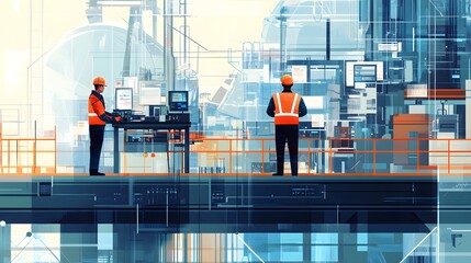 Wall Mural - Two men in orange vests are standing on a bridge overlooking a city. The scene is a mix of a futuristic city and a construction site. The men are working on a project