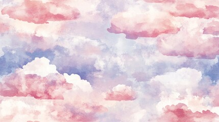 Wall Mural - Soft Pink Clouds Watercolor Morning Sky Pattern 