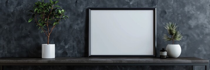 Sticker - Black picture frame mockup set against a smooth dark gray wall.