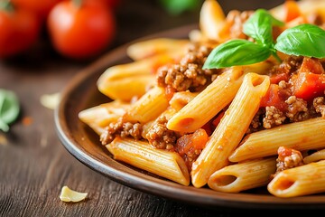 Wall Mural - A plate of penne pasta with bolognese sauce and basil garnish.