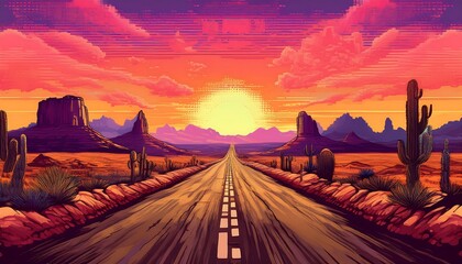 Wall Mural - Pixelated Endless Desert Highway - a long, straight desert 16 bit pixel art road stretching into the distance. Game design asset. Graphic art 8 bit illustration poster