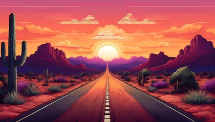 Wall Mural - Pixelated Endless Desert Highway - a long, straight desert 16 bit pixel art road stretching into the distance. Game design asset. Graphic art 8 bit illustration. Ai Generated