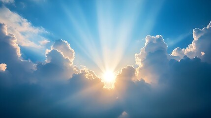 Poster - Conceptual image of bright golden rays of sunshine breaking through cloudy atmospheric sky representing happiness hope and Peaceful serene and uplifting scene with copy space for text overlay
