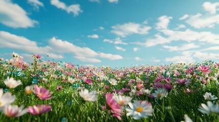 Wall Mural - A conceptual image of a vibrant lush field of colorful flowers in full bloom representing happiness joy and optimism  The scenic landscape provides ample copyspace for text or design elements