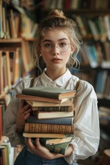 Poster - A woman standing in front of a bookshelf, holding a stack of books