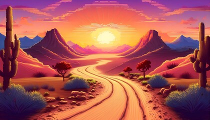 Wall Mural - Pixelated Desert Road with Sun Setting Behind Sand Dunes - a pixel art scene of a road winding to horizon. Game design asset. Graphic art 8 bit illustration wallpaper