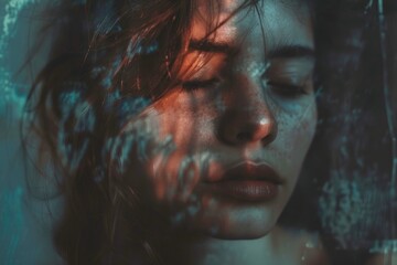 Aufkleber - A portrait of a woman with her eyes closed, focus on her facial expression