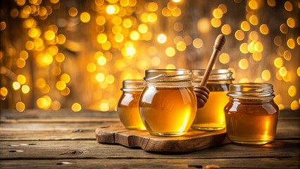 Wall Mural - Golden honey jars on wooden table with warm bokeh background, fresh and organic honey in rustic setting , honey, jars