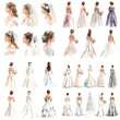 © Creative Nest - A collection of wedding dresses in various colors and styles. The dresses are all drawn in a stylized and artistic way, with some featuring floral elements and others with more modern designs