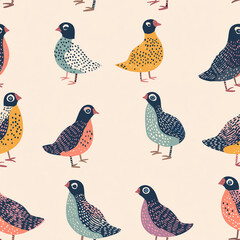 Wall Mural - Quail seamless repeating background pattern. Pink pastel toned colors. Flat, simple hand drawn style