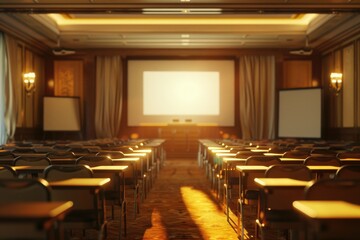 Aufkleber - Tables and chairs set up for a conference or meeting, with a projector screen
