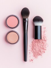 a serene display of cosmetic items, including a lipstick, makeup brushes, and delicate powder, set o