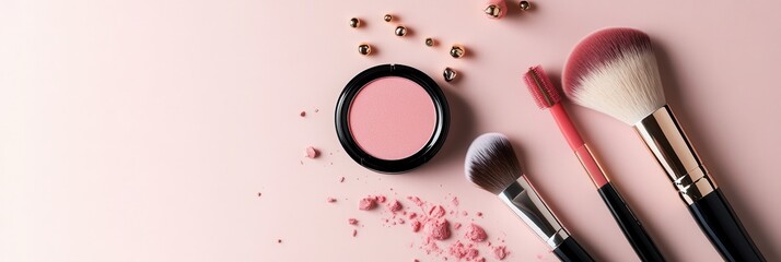 Poster - A tidy layout showcases various cosmetic products including lipstick, makeup brushes, and powder scattered on a light backdrop. Generative AI