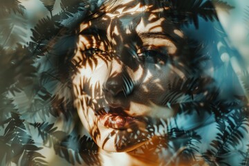 Poster - A woman's face is seen through a leafy window, with leaves and vines covering the glass