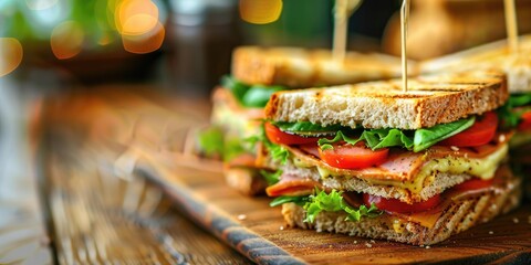 Sticker - Nourishing club sandwich made with whole grain bread, presented on a wooden surface, featuring selective focus and a softly blurred backdrop.