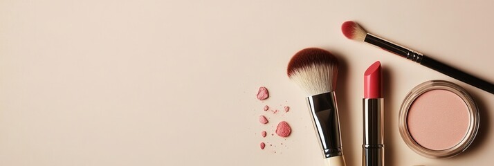 Poster - An elegant display features a lipstick, makeup brushes, and powder casually arranged on a light, neutral background, capturing beauty essentials. Generative AI