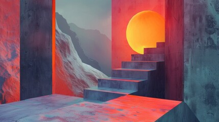 Poster - Steps lead up to a mountain, ideal for outdoor adventure or nature scenes