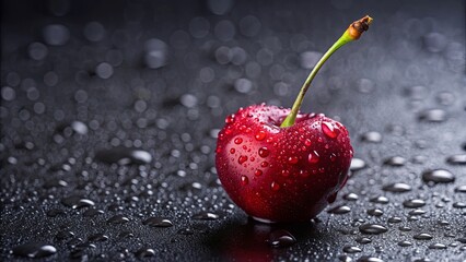 Close-up of red juicy cherry with water droplets on a dark background, cherry, fruit, red, fresh, healthy, organic, delicious, ripe