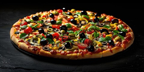 Freshly colored vegetable pizza with olives and tomatoes